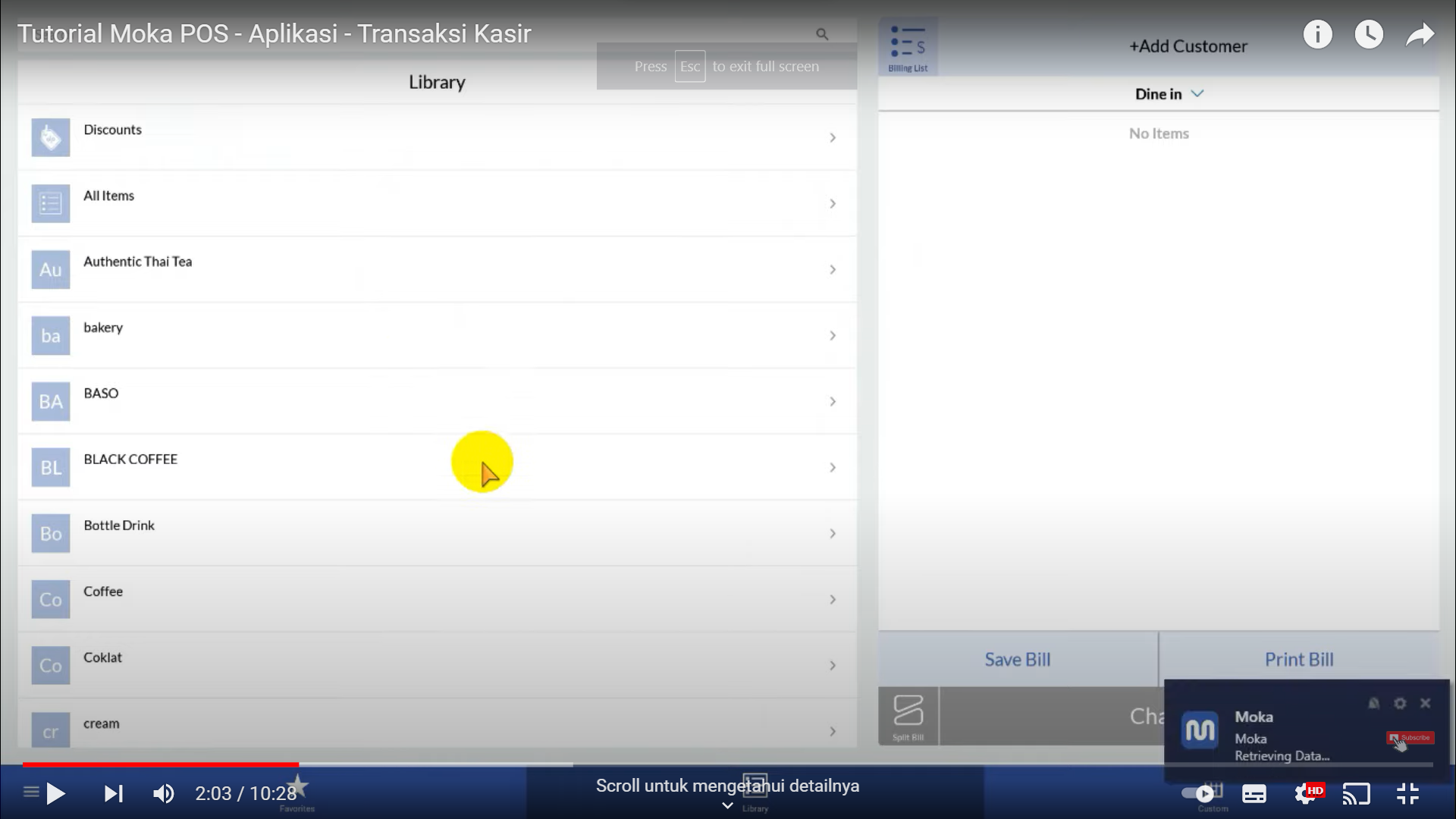 Screenshot tentang sistem MokaPOS yang menampilkan daftar semua produk dari outlet yang dipilih